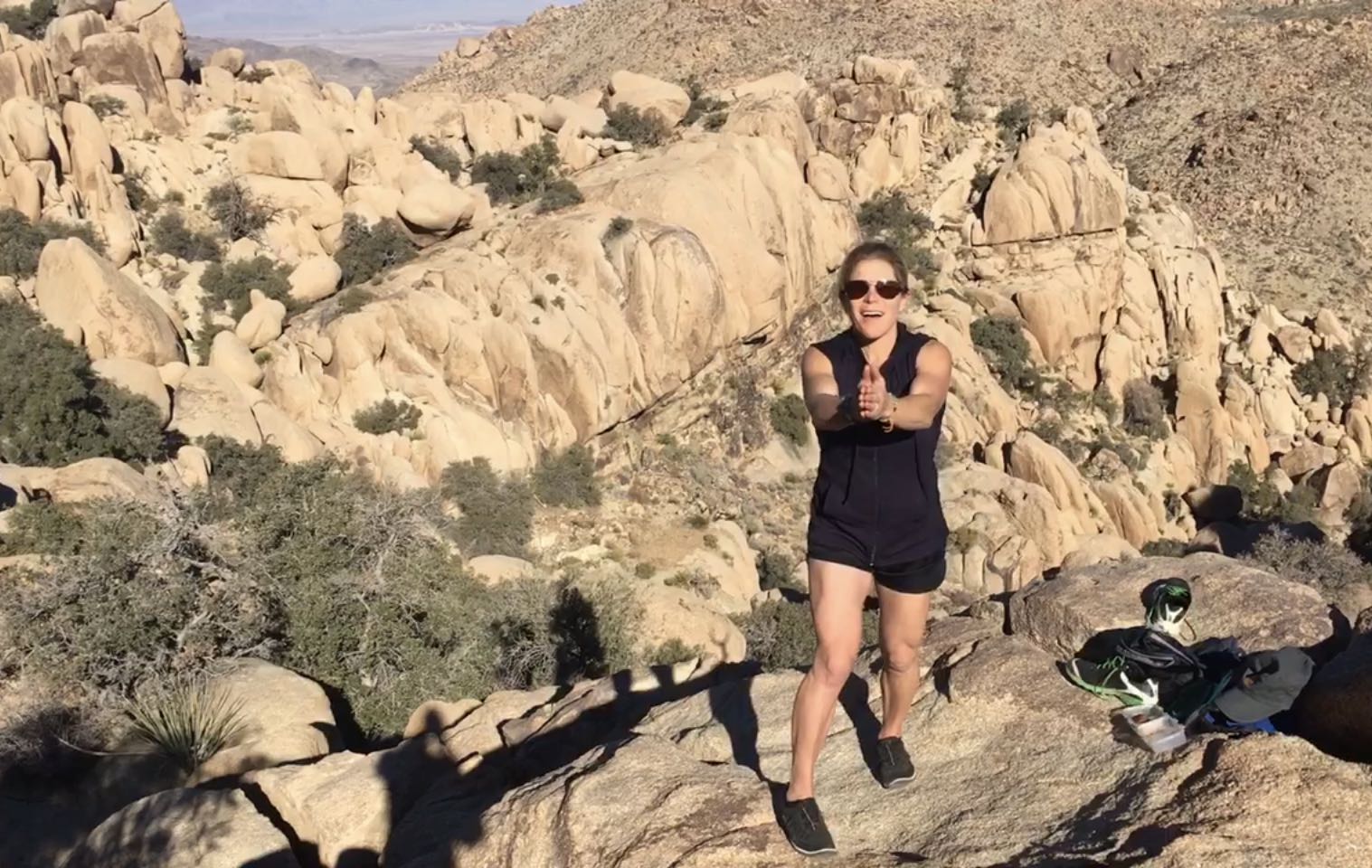 Lisa practicing Standing Core at Joshua Tree